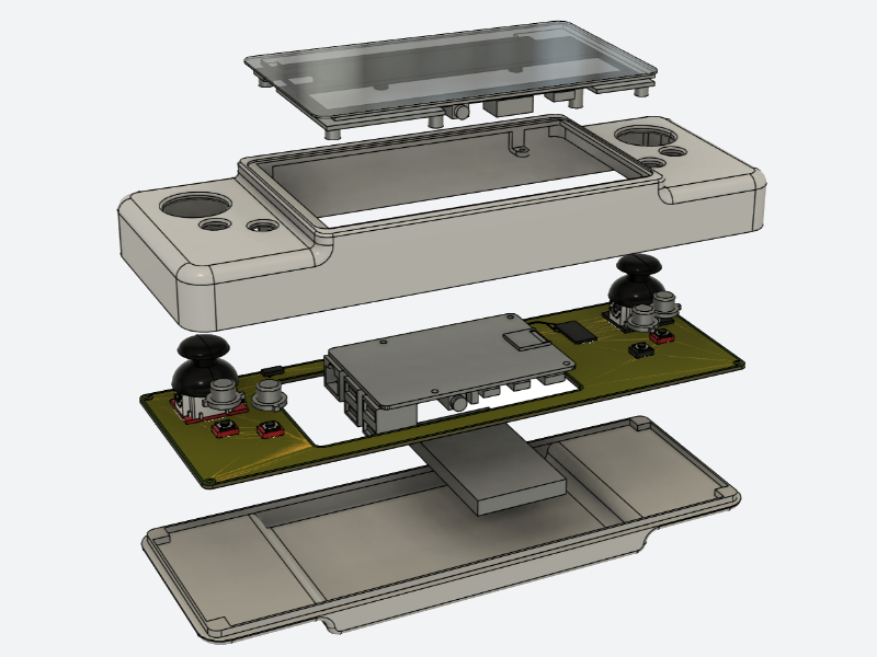 Exploded view of 3D model for a controller that has a screen and two joysticks